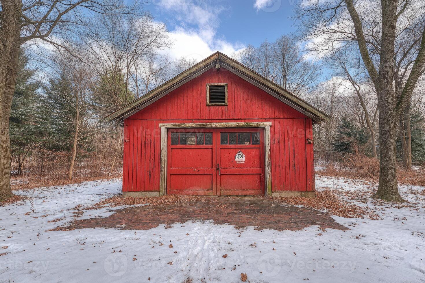 Rustic Red Barn in Winter Landscape Setting photo