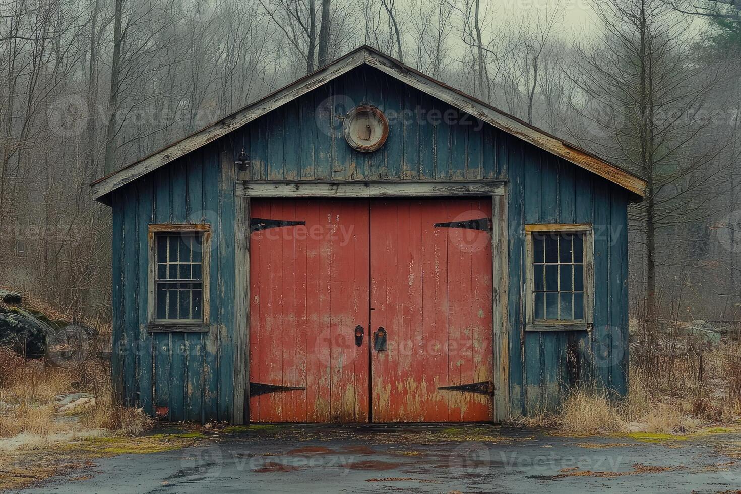 Rustic Old Wooden Shed With Red Doors photo