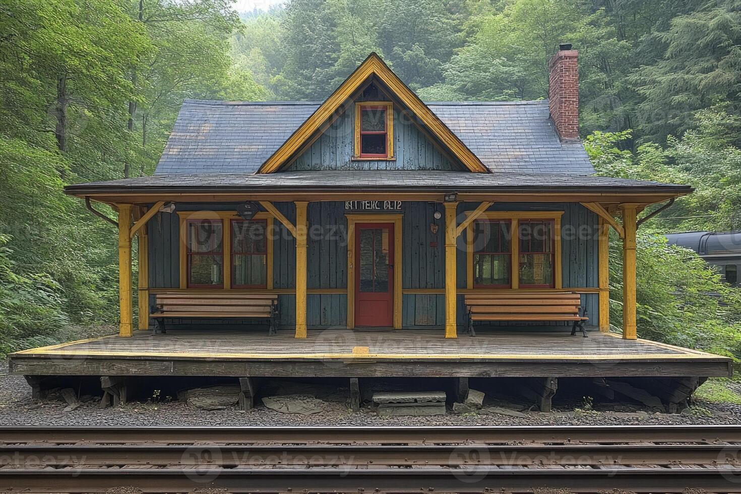 Rustic Train Depot Nestled Among Lush Green Trees photo