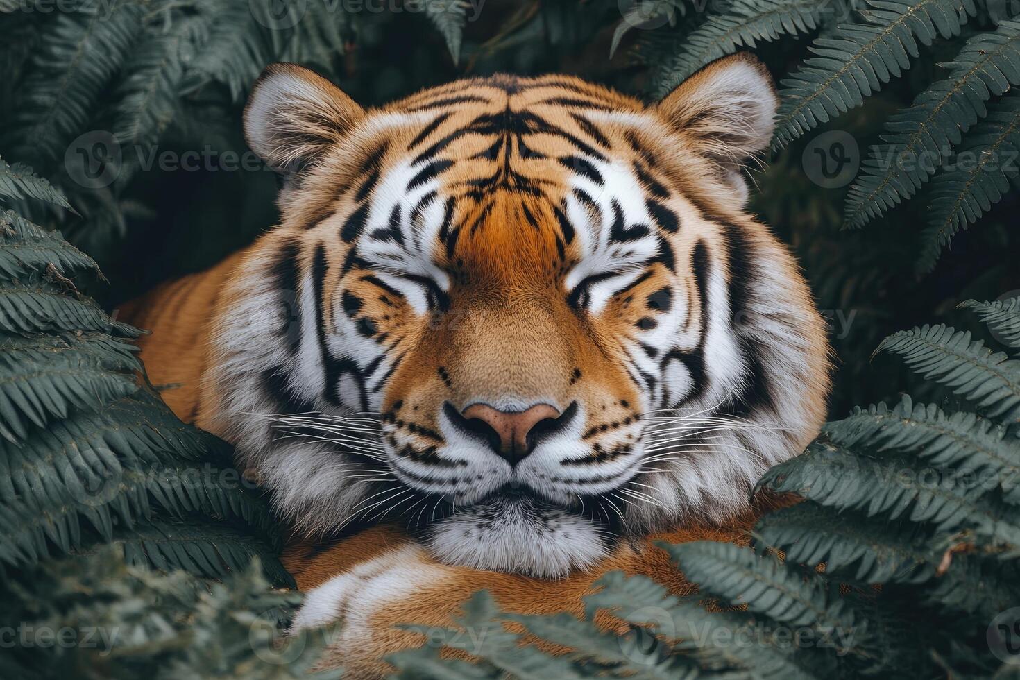 Serene Tiger Resting Amidst Lush Green Ferns photo