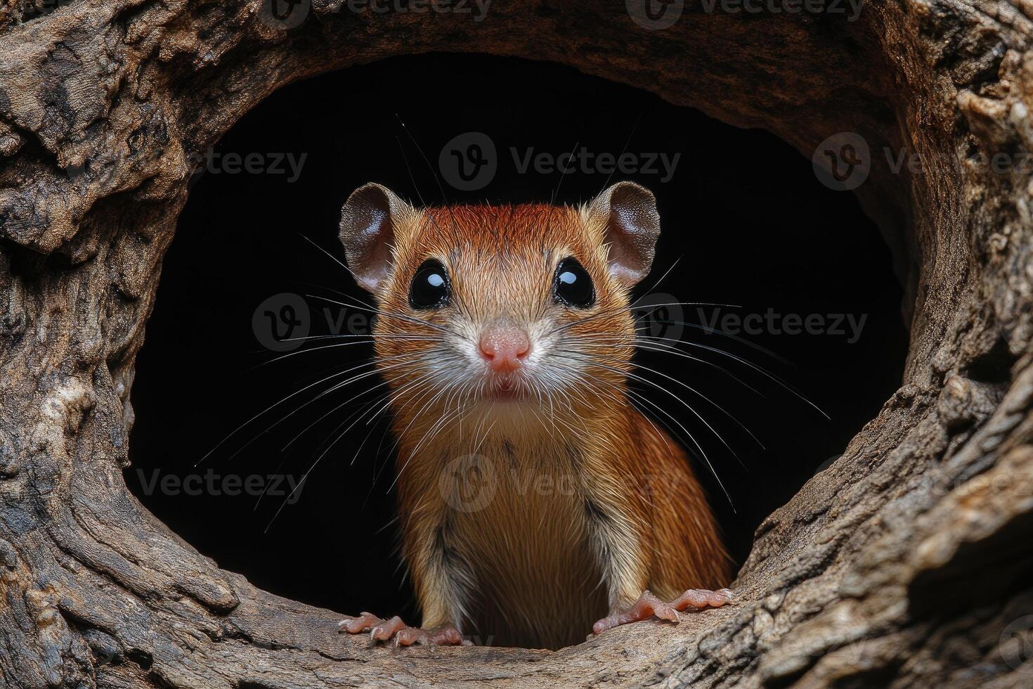 Small reddish brown rodent peering from tree hole photo