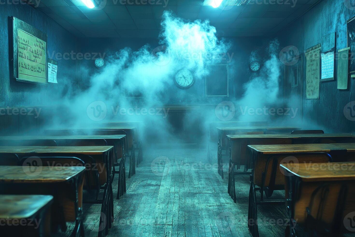 Smoky Classroom With Desks And Clocks photo