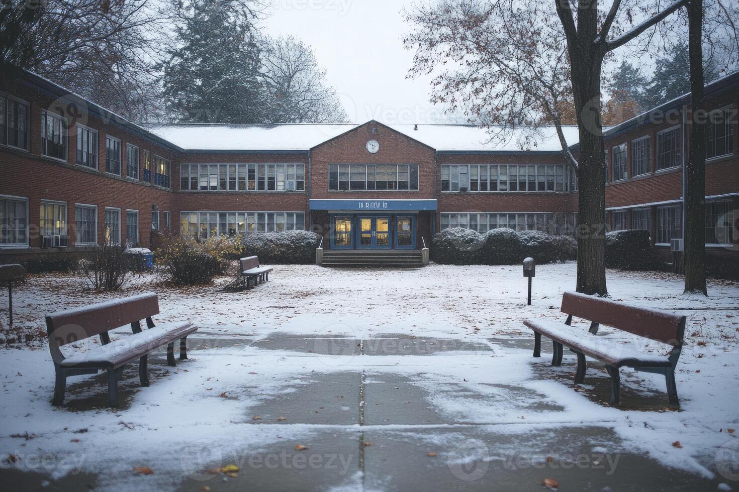 Snow Covered School Building Courtyard Benches photo