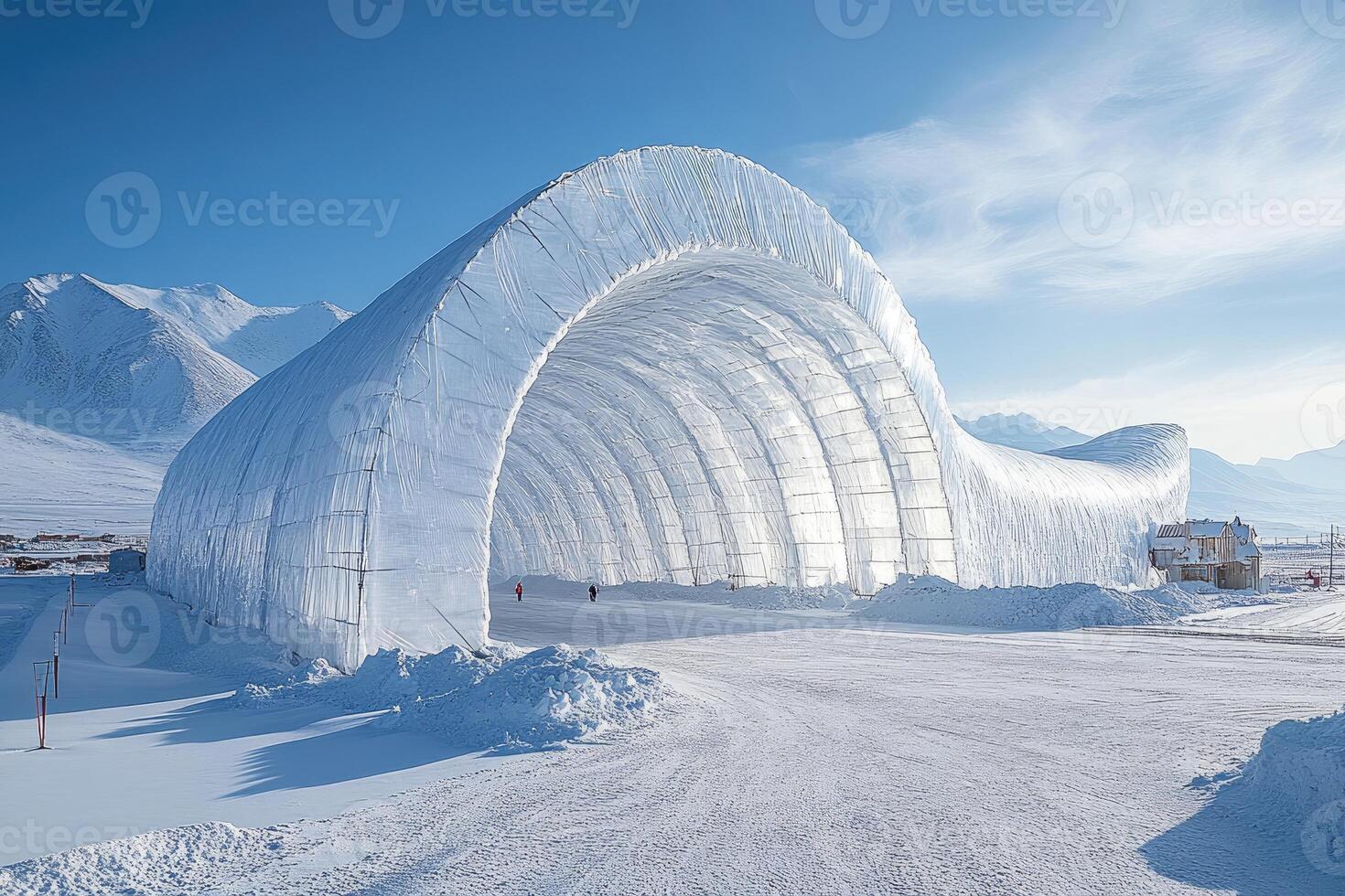 Snow Covered Archway Structure in Mountainous Winter Landscape photo
