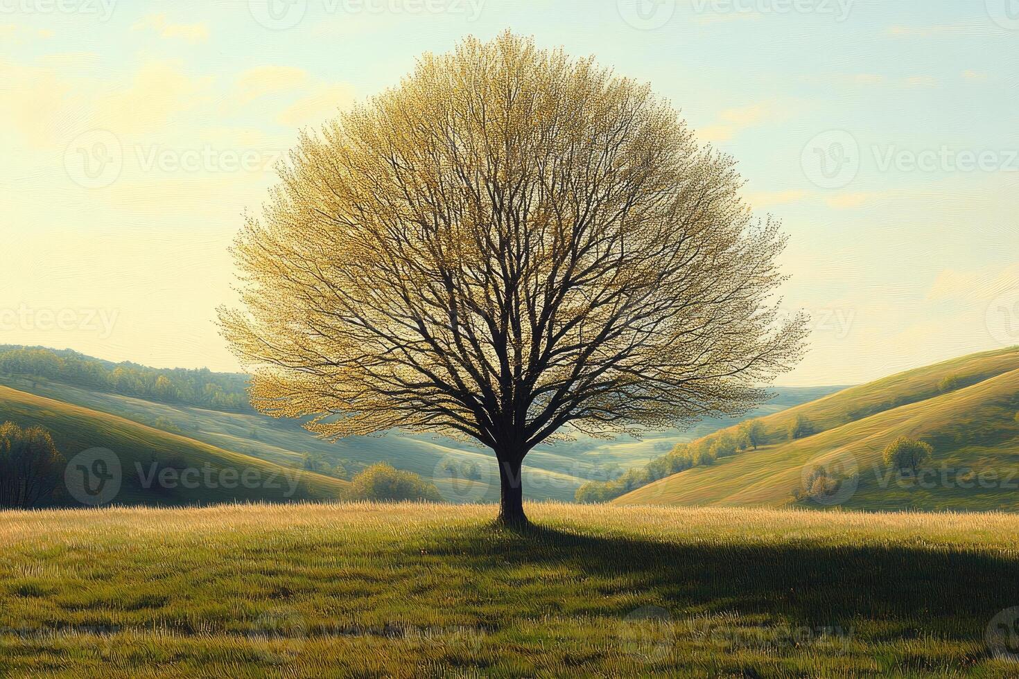 Solitary Tree Stands in Rolling Green Hills Landscape photo