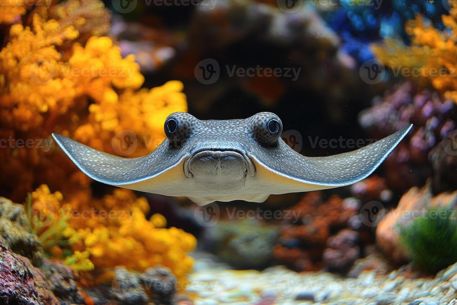 Spotted eagle ray swimming in a vibrant coral reef aquarium photo