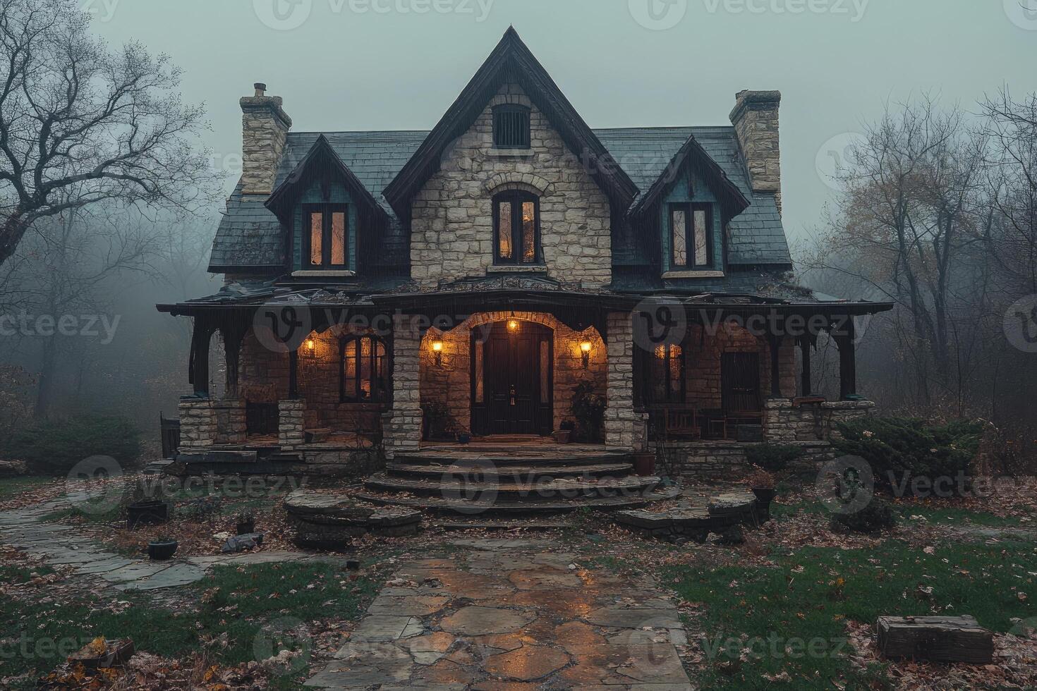 Stone House in Misty Autumn Woods at Dusk photo