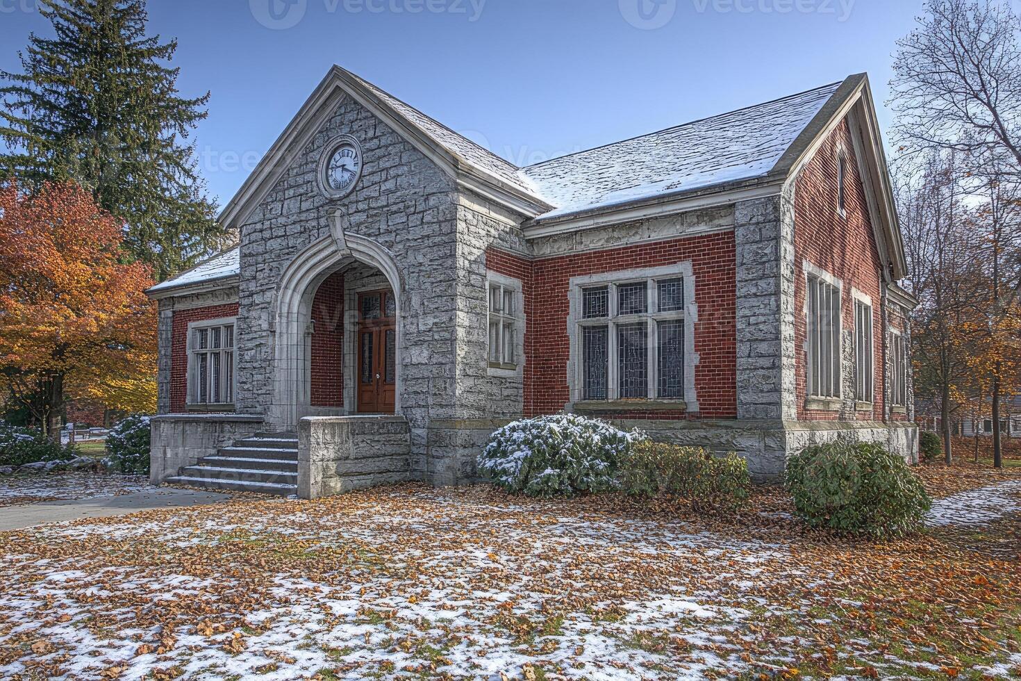 Stone and Brick Building Autumn Leaves Light Snow photo