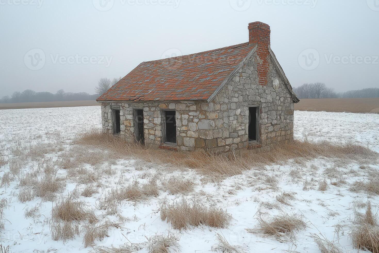 Stone House Winter Field Rural Landscape photo