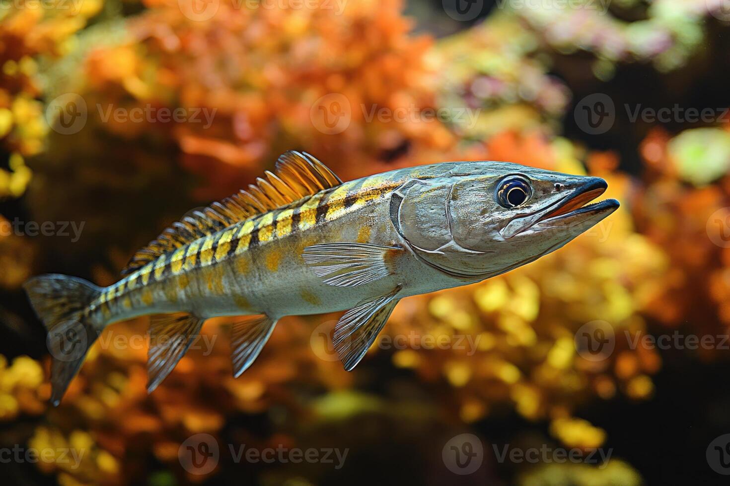 Striped Fish Swimming in Vibrant Coral Reef photo