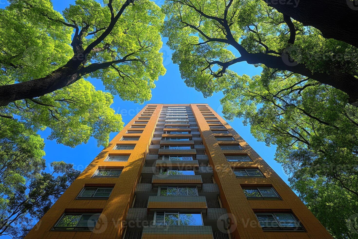 Tall orange building framed by lush green trees photo