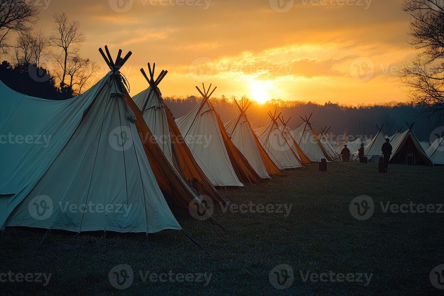 Teepees at Sunrise Golden Hour Campsite Scene photo