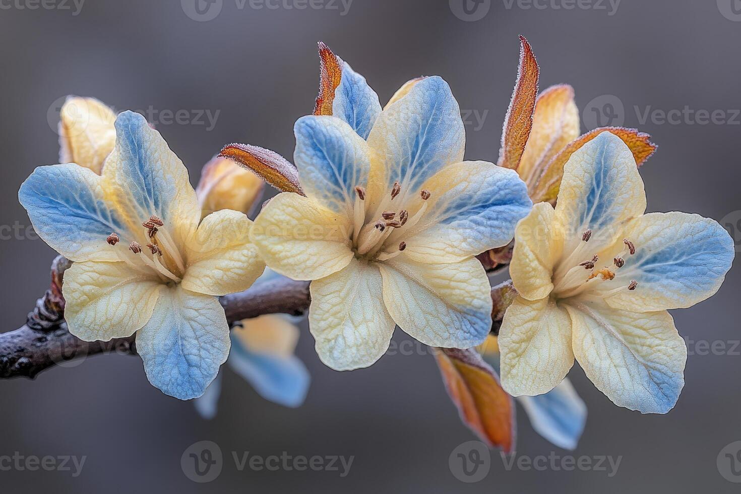 Three Delicate Blue Yellow Blossoms On A Branch photo