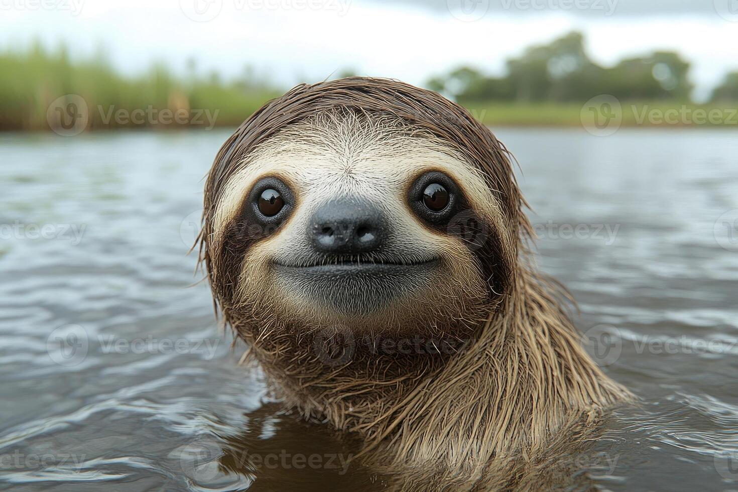 Three toed sloth swimming in water happily photo