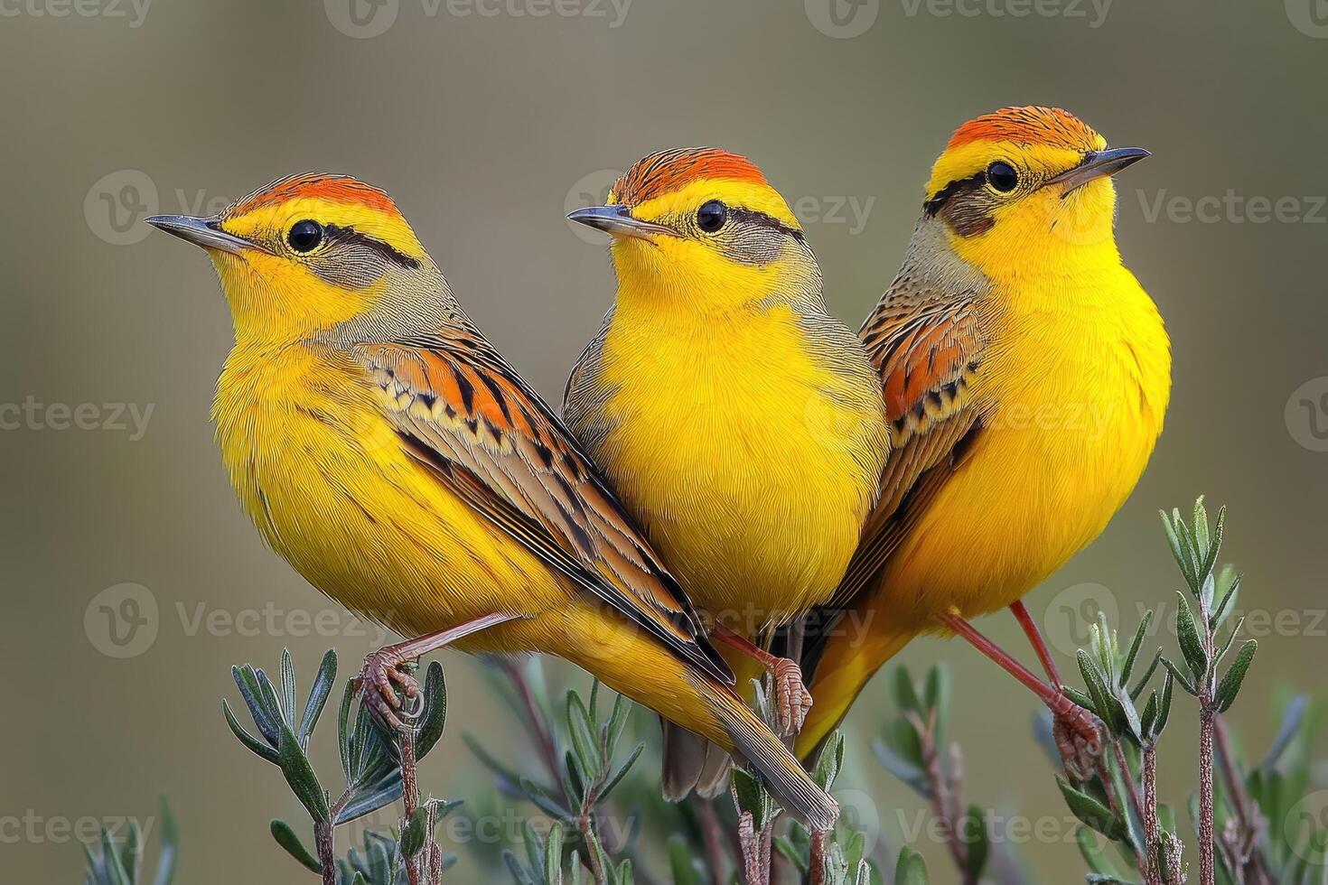 Three vibrant yellow birds perched on a green plant photo