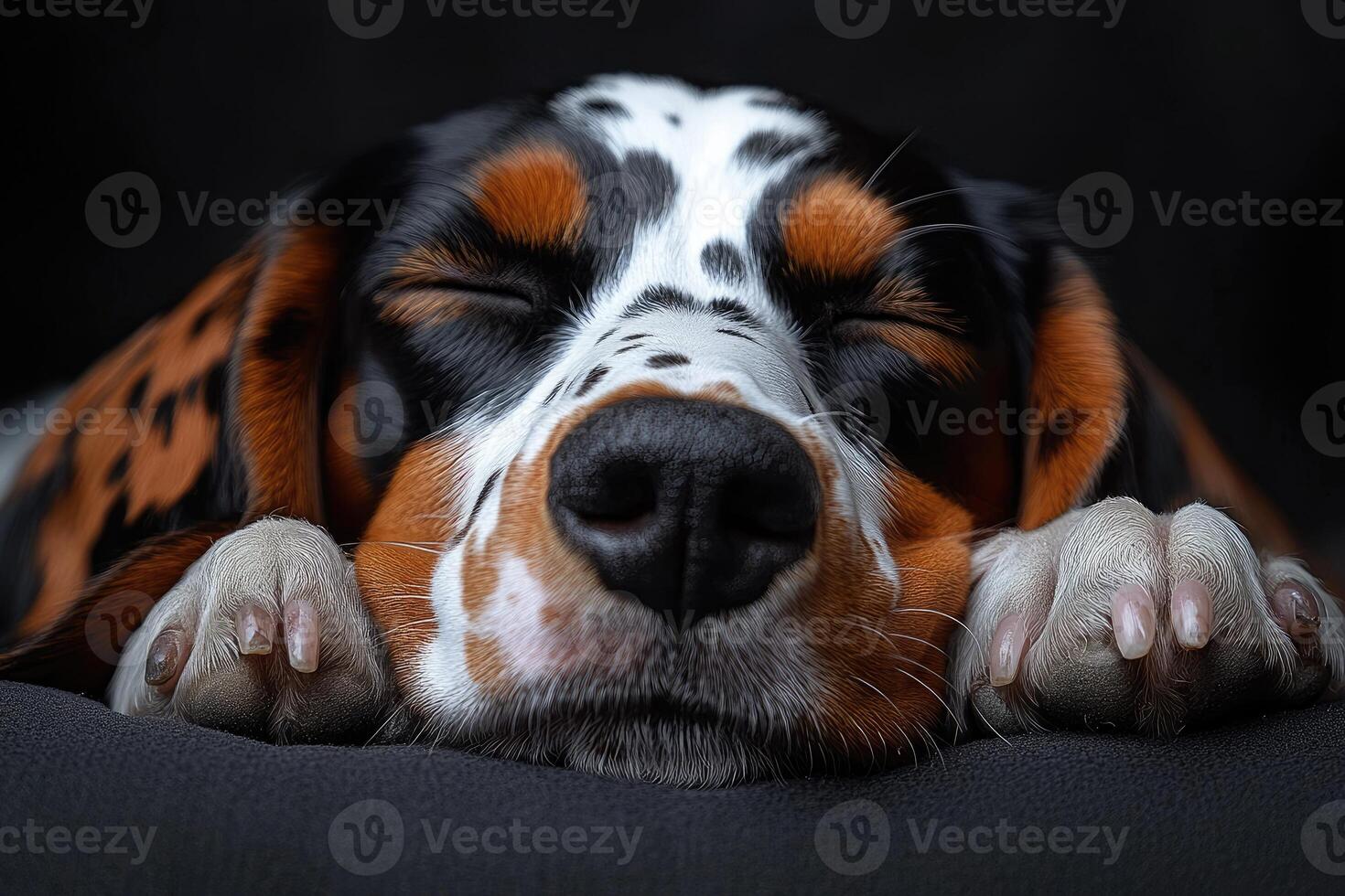 Tricolor Dog Sleeping Peacefully Paws Folded photo
