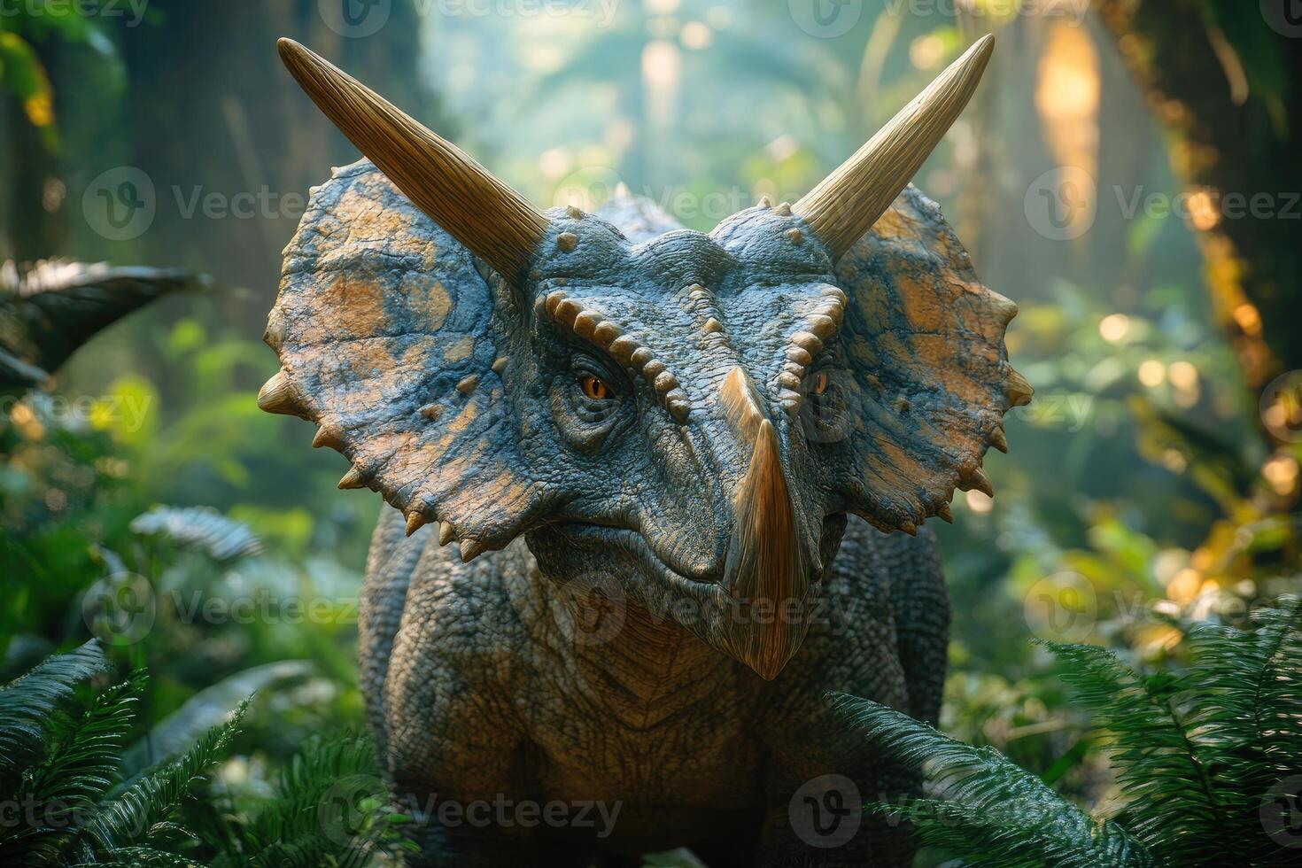 Triceratops Dinosaur In Lush Prehistoric Jungle Setting photo