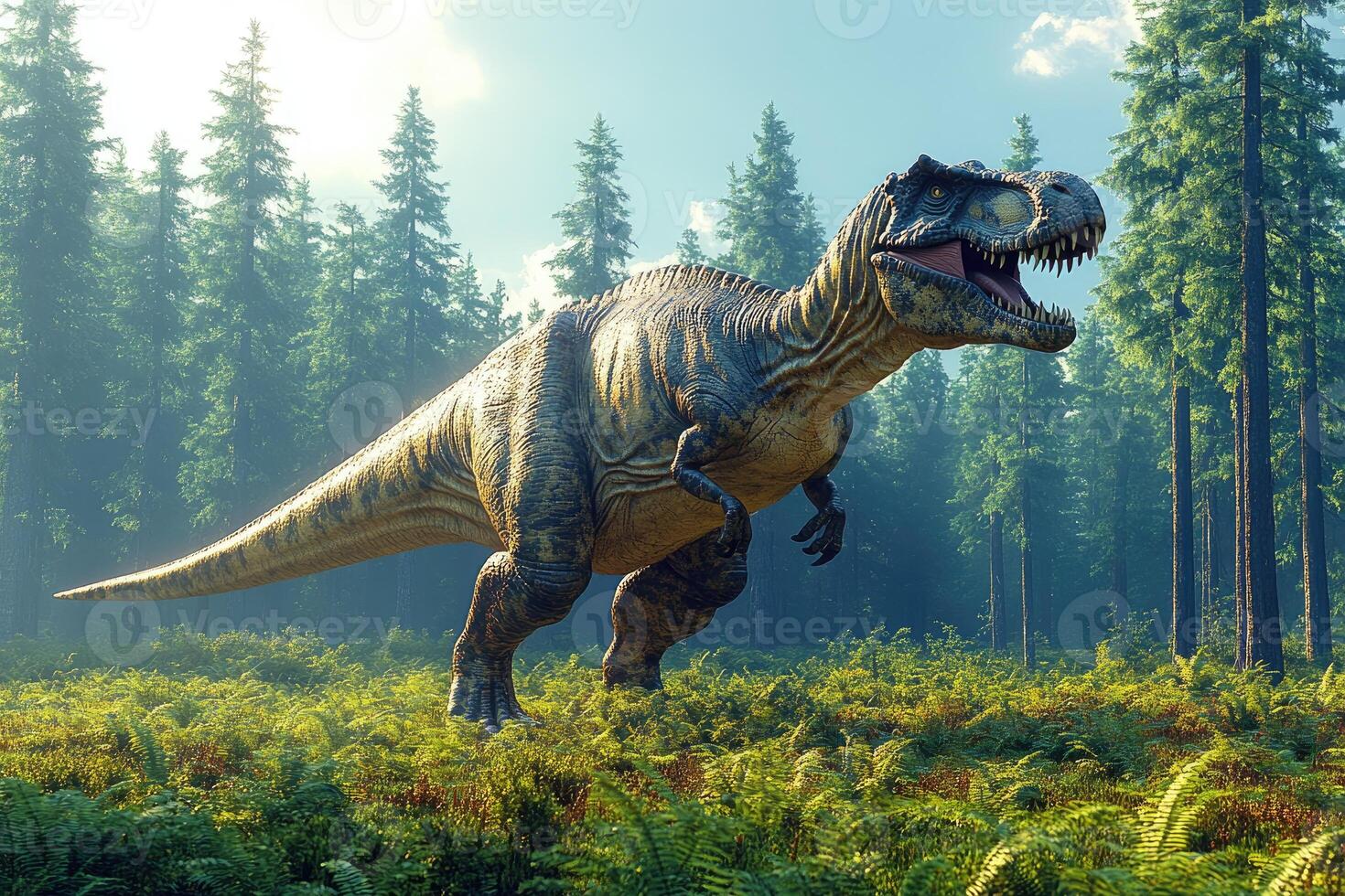 Tyrannosaurus Rex dinosaur in a prehistoric forest scene photo
