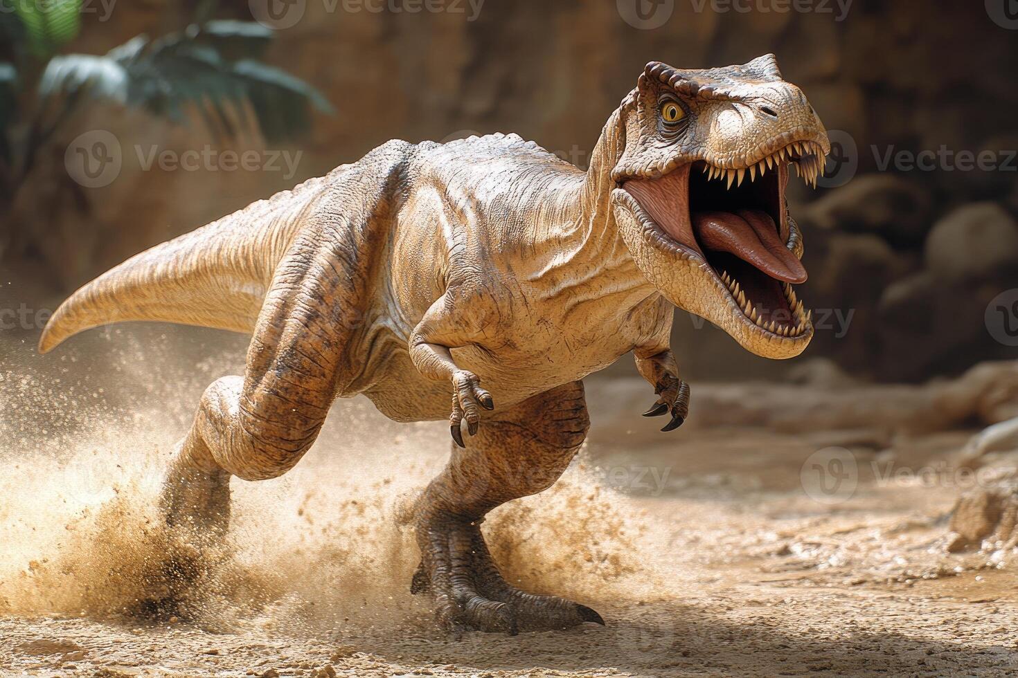 Tyrannosaurus Rex Running Through Dusty Terrain photo