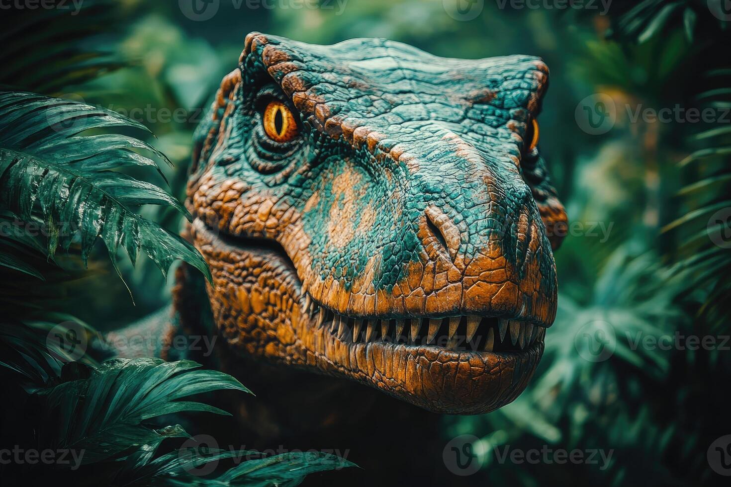 Velociraptor Head Amidst Lush Tropical Foliage photo