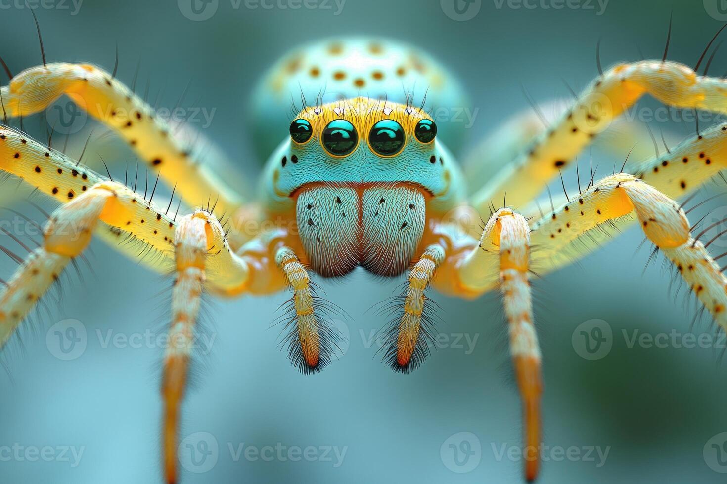 Vibrant Yellow And Teal Jumping Spider Close Up photo