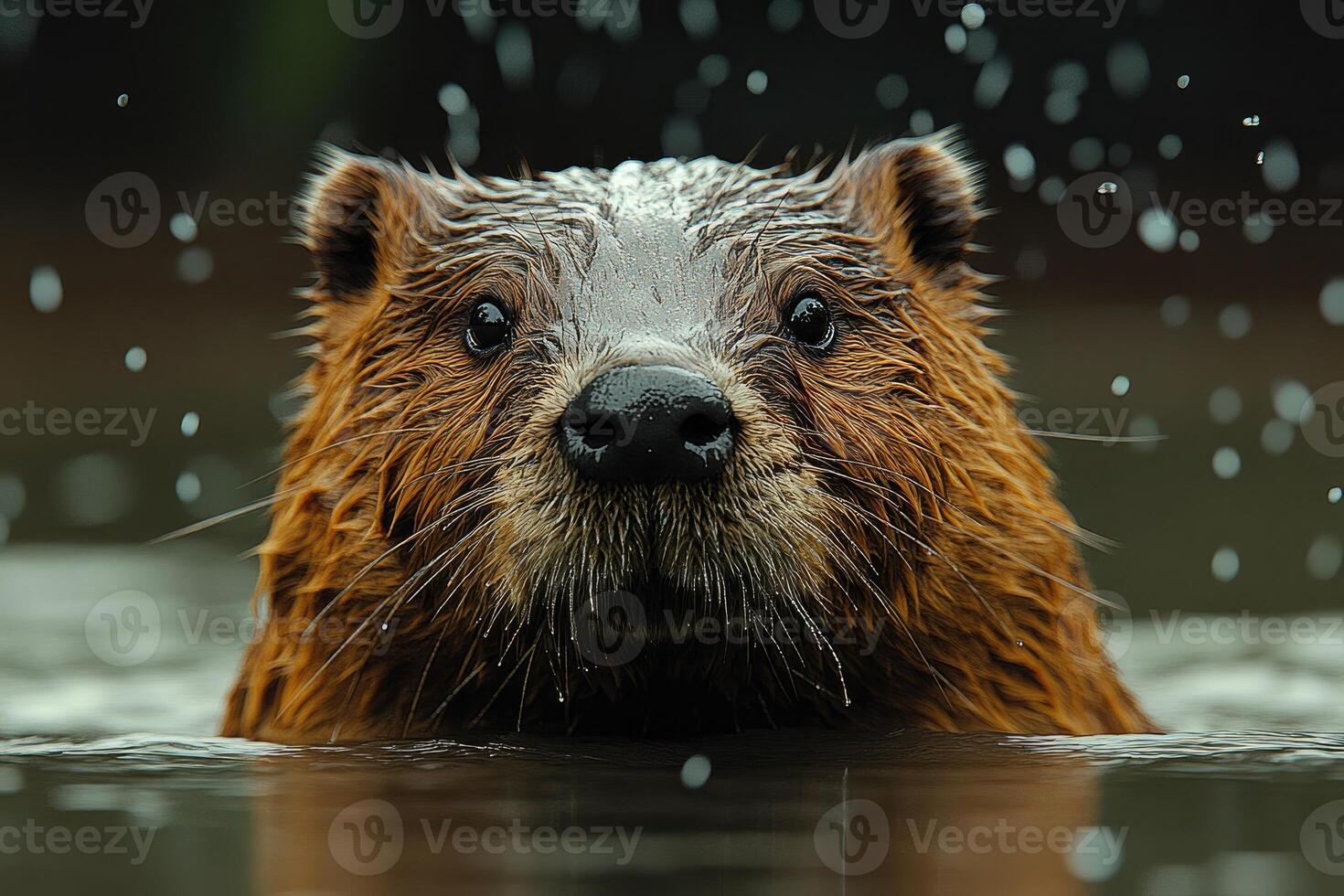 Wet Beaver Emerging From Water Looking Directly Ahead photo