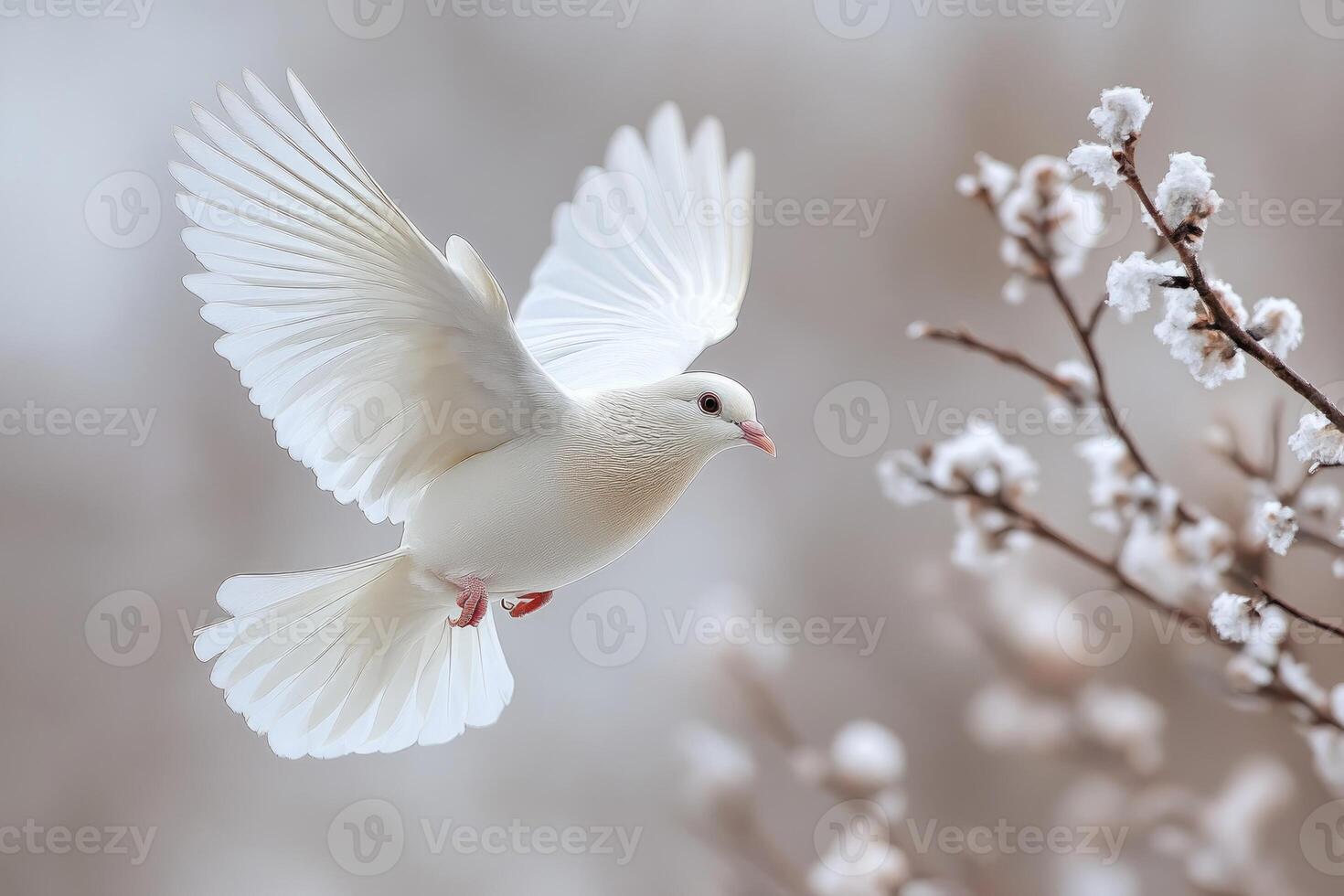 White Dove In Flight Near Snowy Branches photo