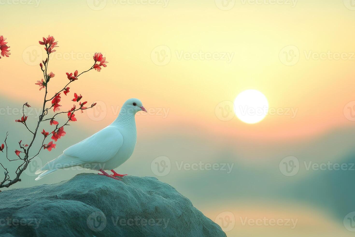 White Dove Perched on Rock at Sunrise with Flowers photo