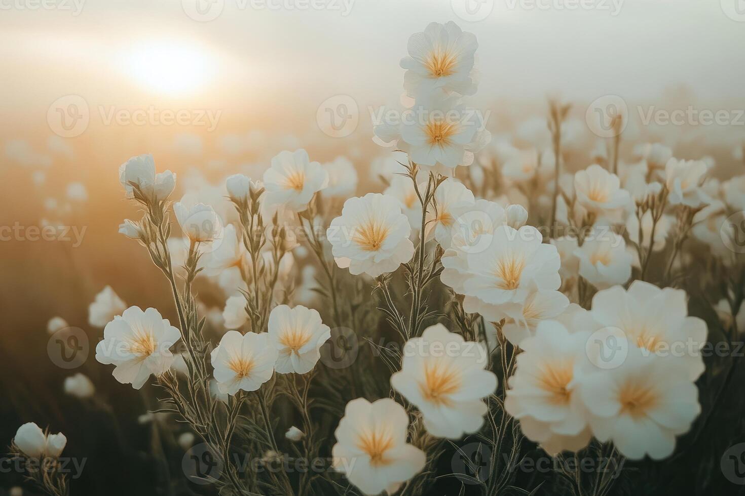 White Flowers Blooming at Sunrise in a Misty Field photo