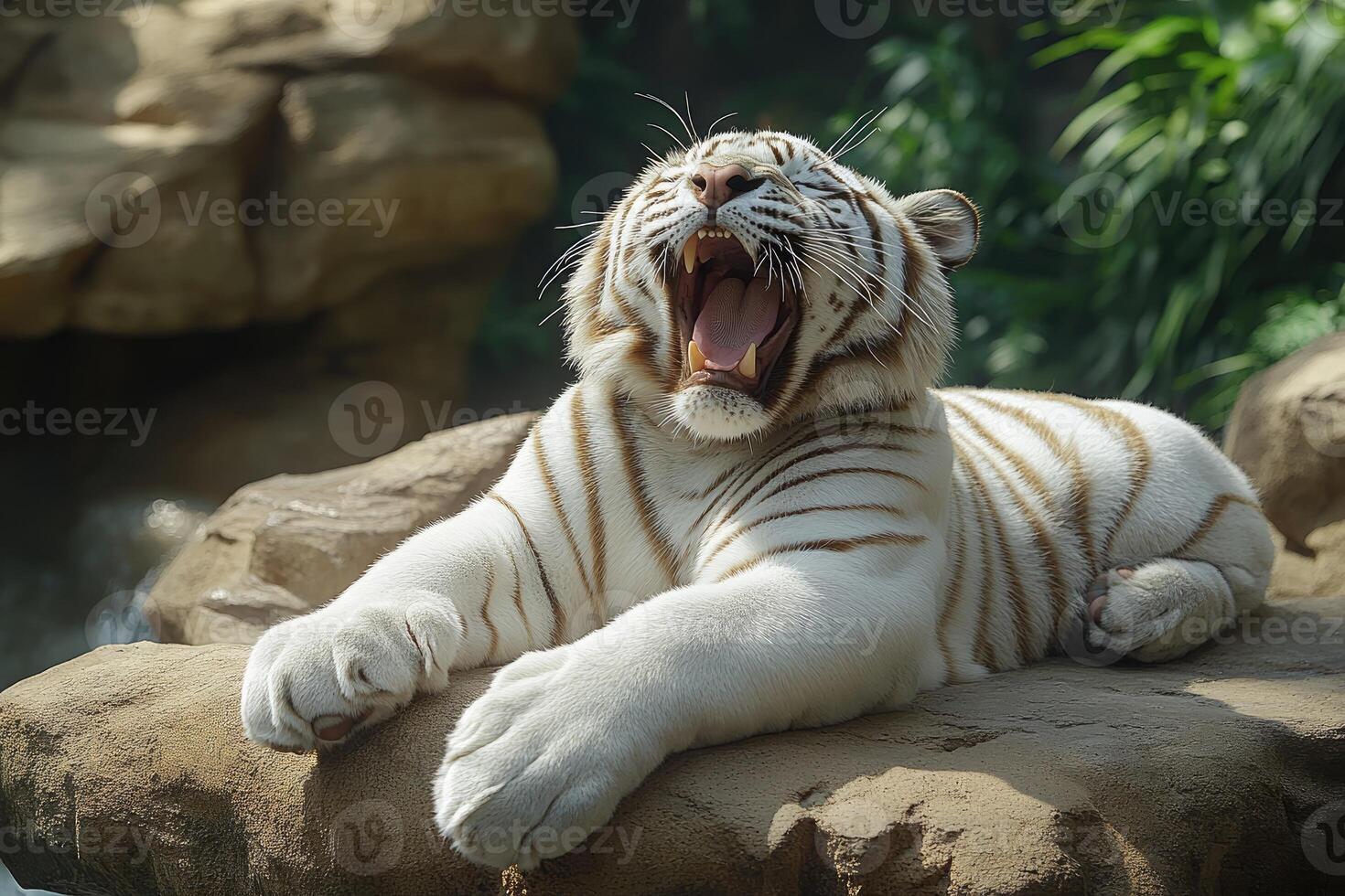 White Tiger Cub Yawning On Rock In Sunlight photo