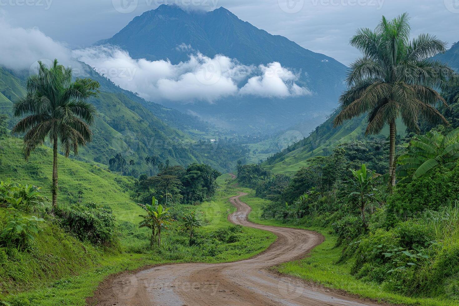 Winding Road Through Lush Green Mountains And Clouds photo