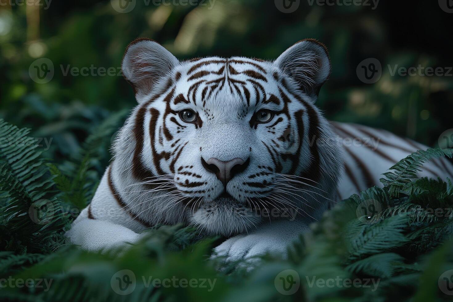 White Tiger Resting Amidst Lush Green Foliage photo
