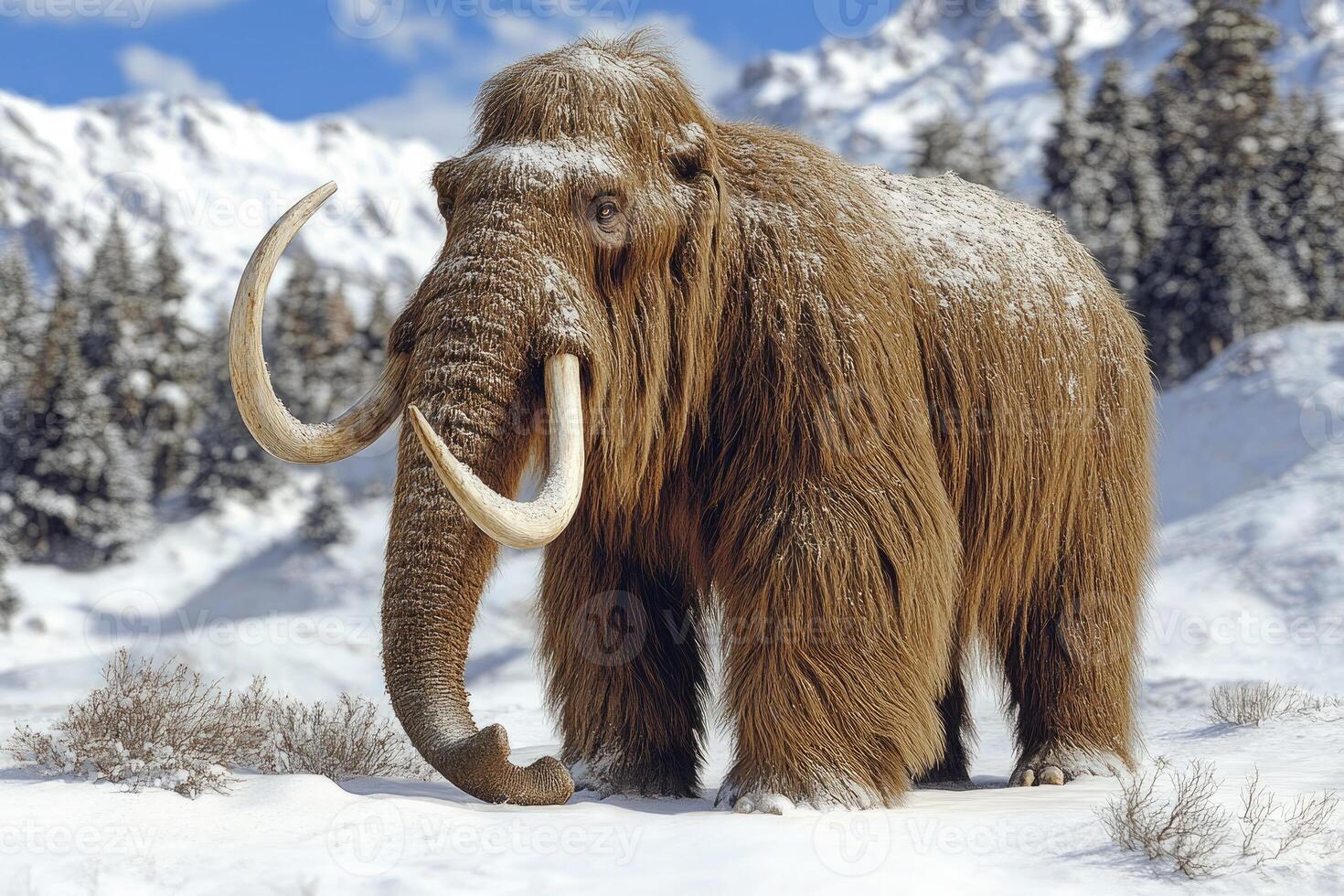 Woolly Mammoth in Snowy Mountain Landscape photo