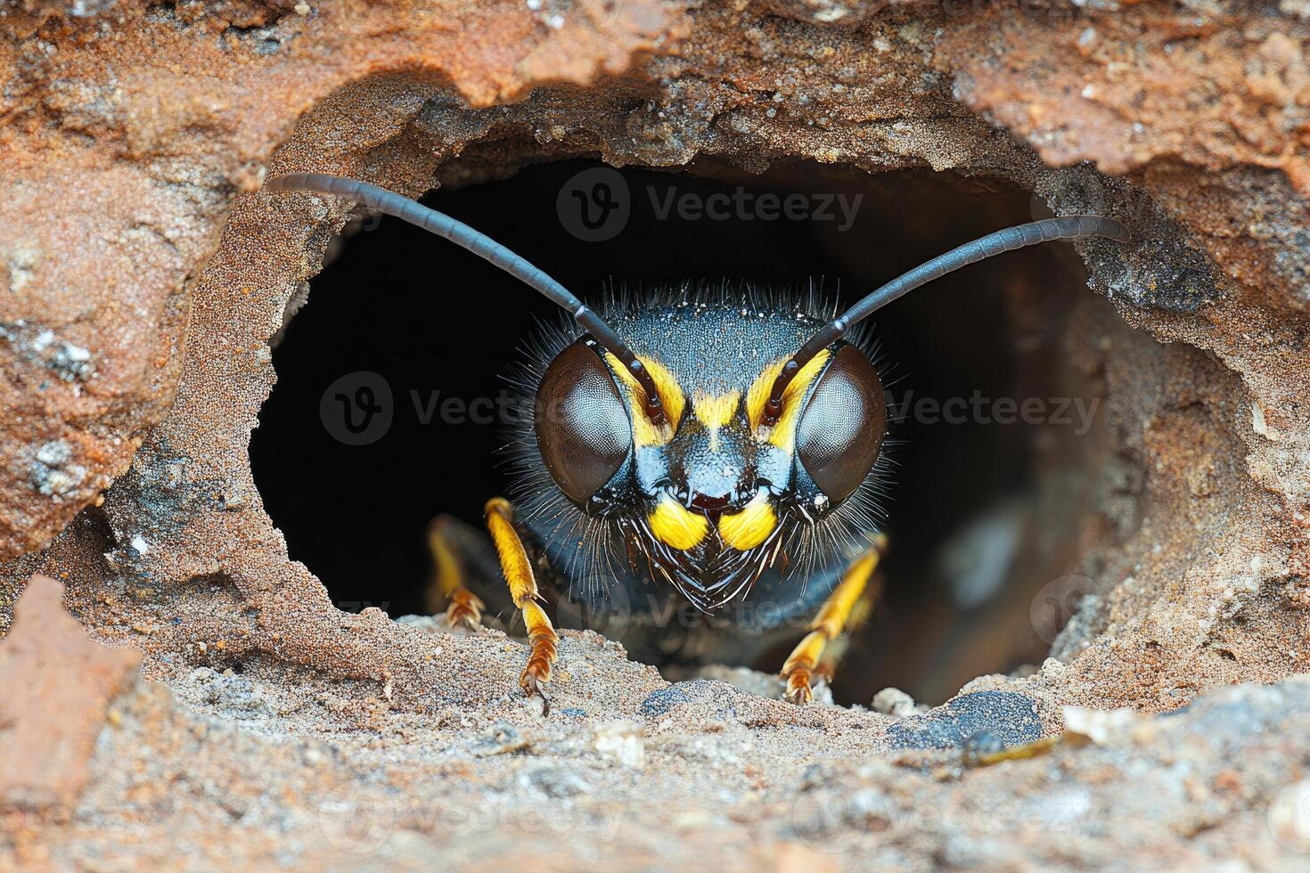 Yellow and Black Wasp Emerging From Burrow photo