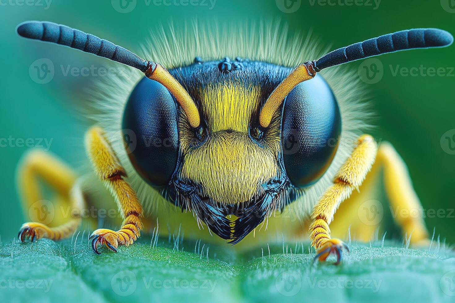 Yellow And Blue Bee Close Up On Leaf photo