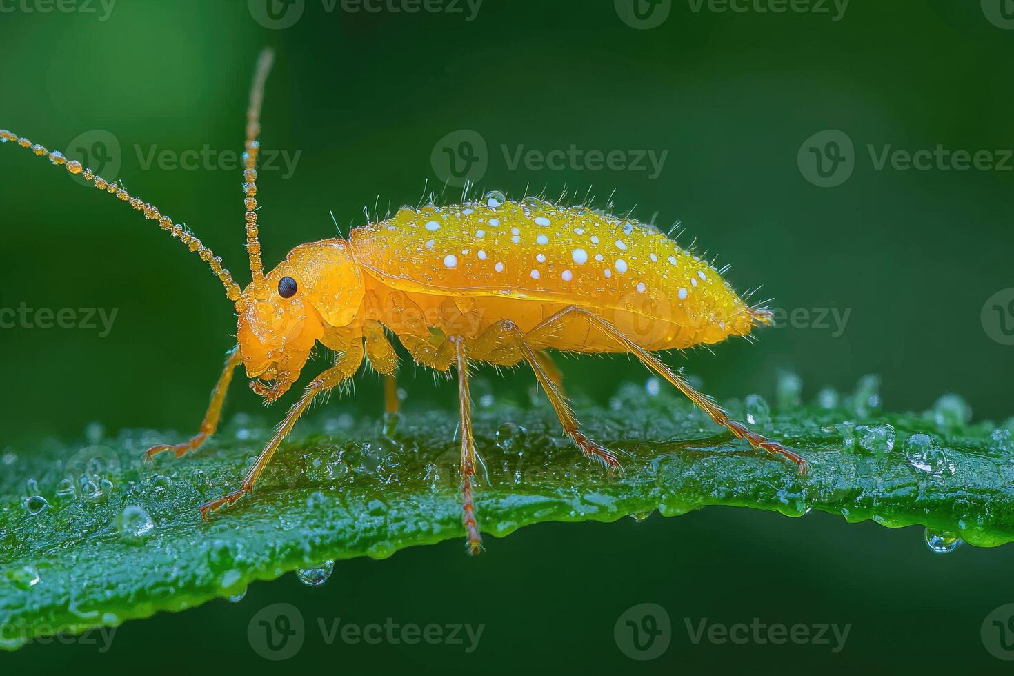 Yellow Insect with White Spots on Green Leaf photo