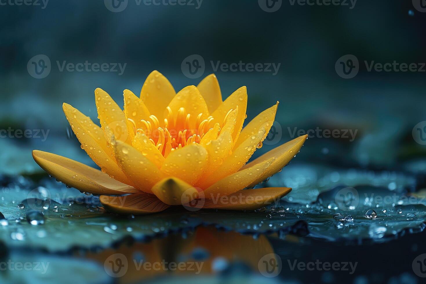 Yellow Water Lily Blossom on Dark Water Surface photo