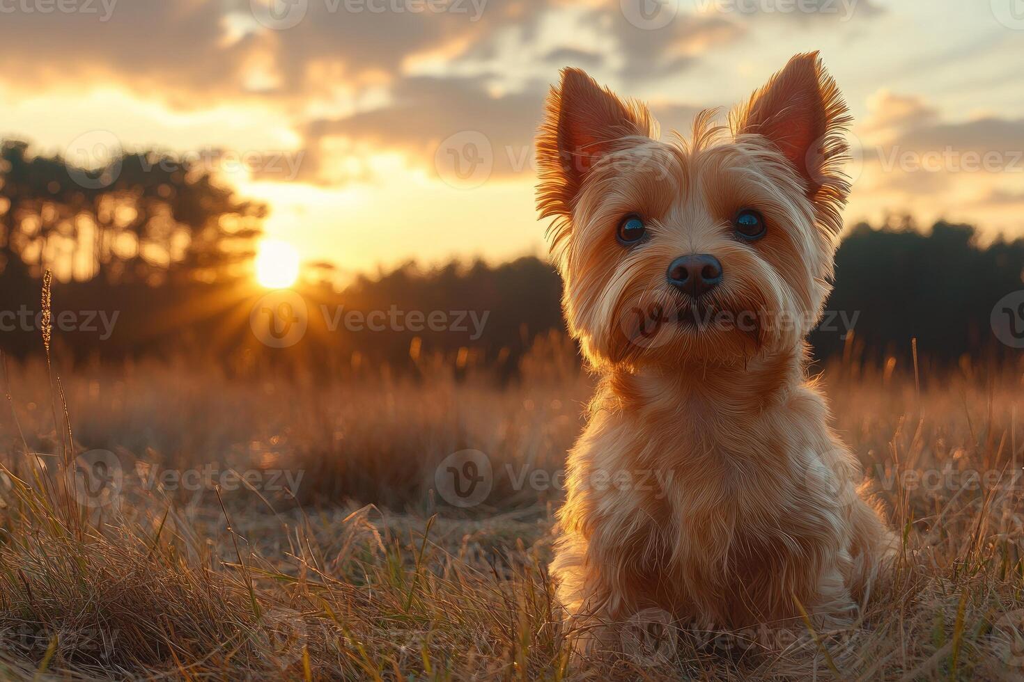Yorkshire Terrier Puppy Sunset Meadow Portrait photo