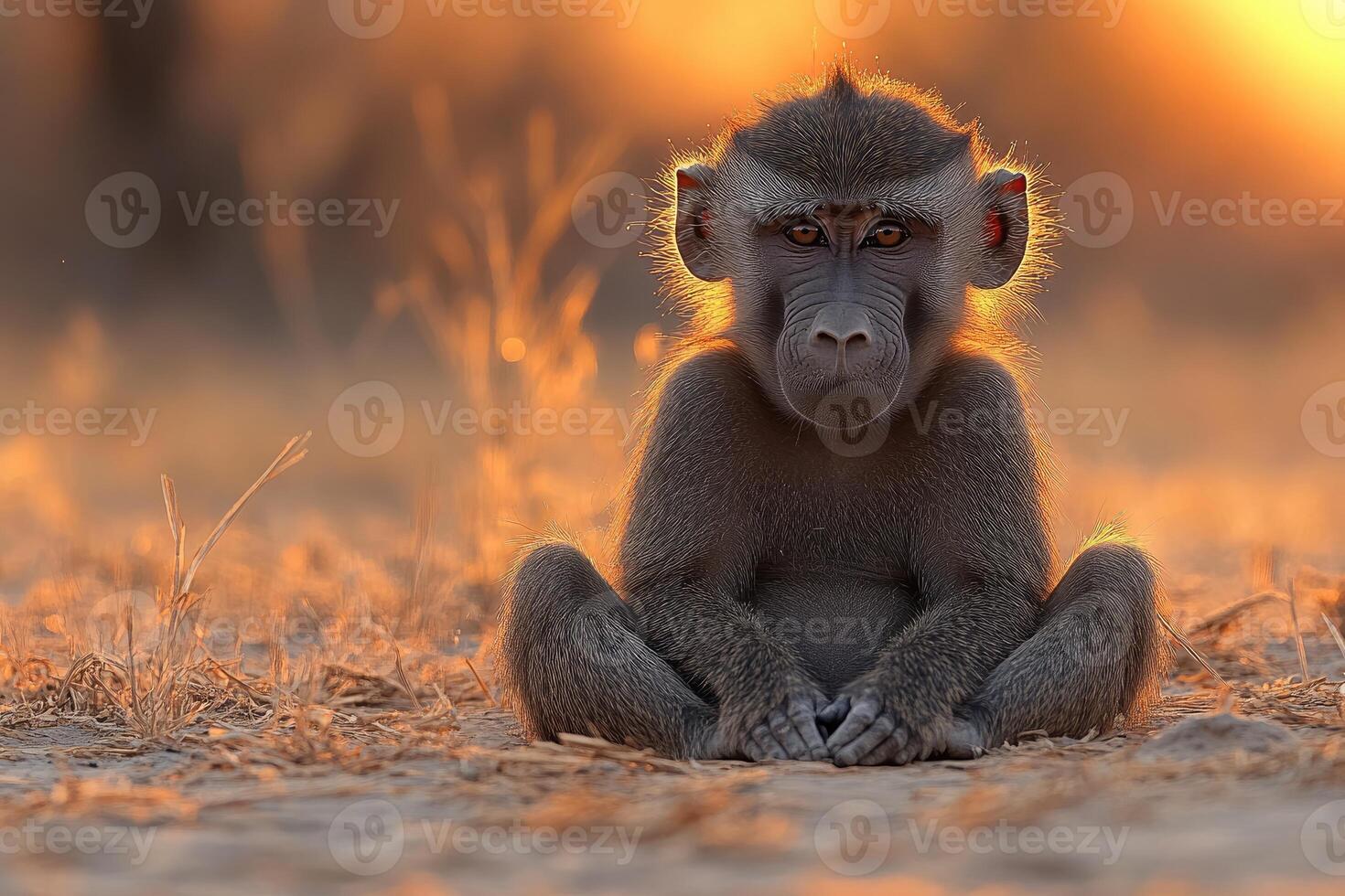 Young Baboon Sitting Golden Sunset Light Africa photo