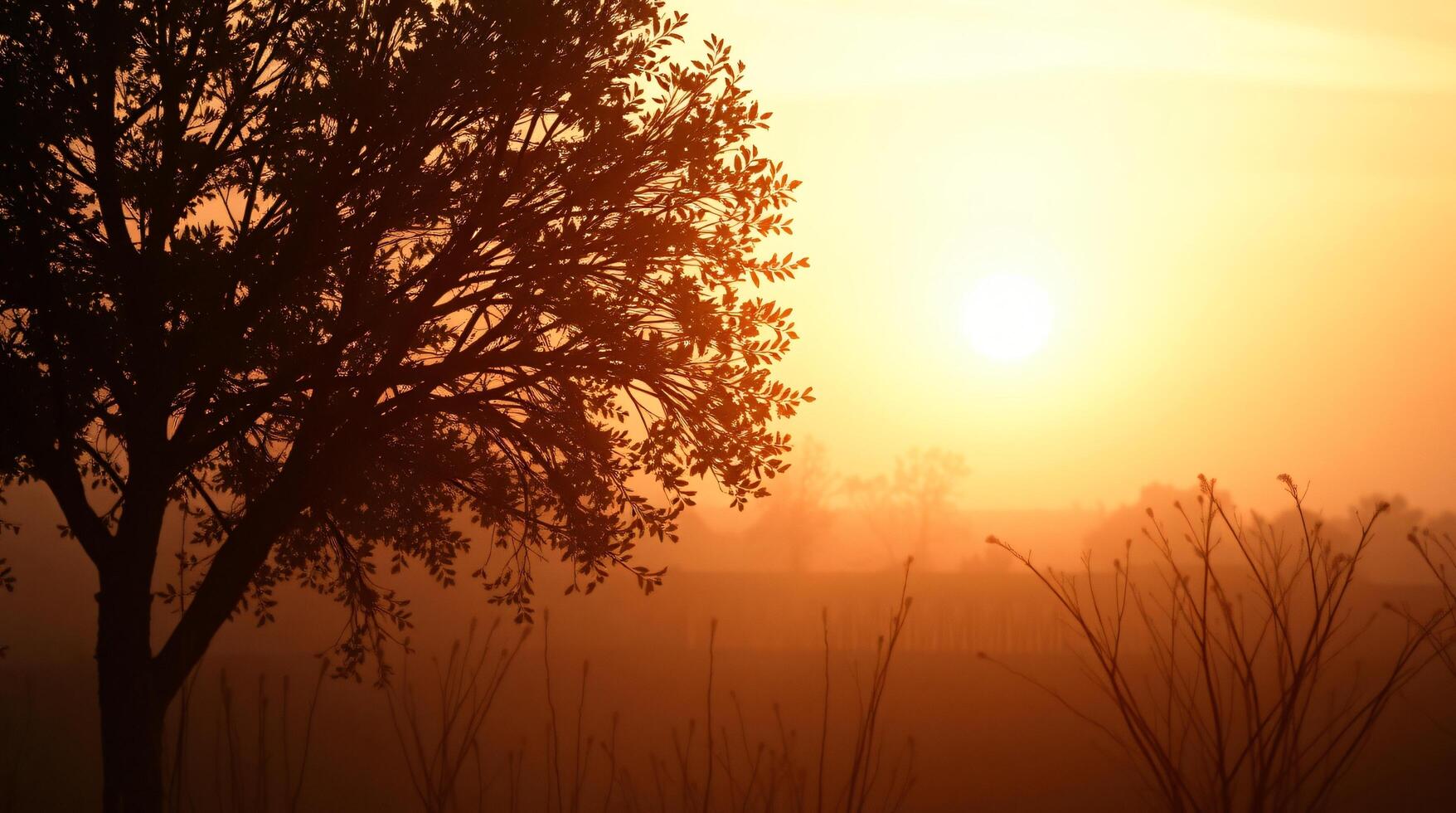 A tree is silhouetted against the sun in a field photo