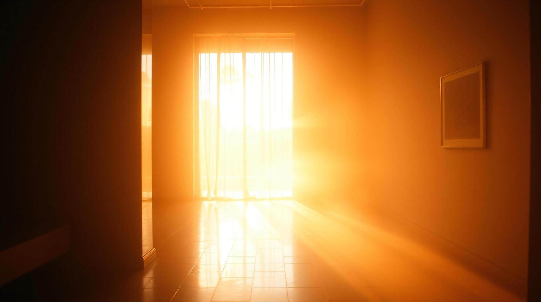 A hallway with the sun shining through the window photo