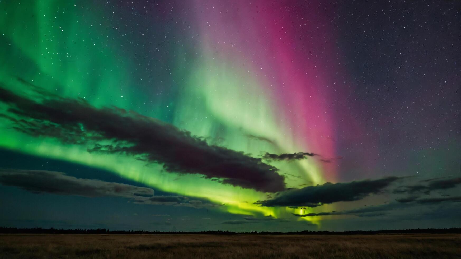 Night meadows with the Northern Lights appearing above the sky photo
