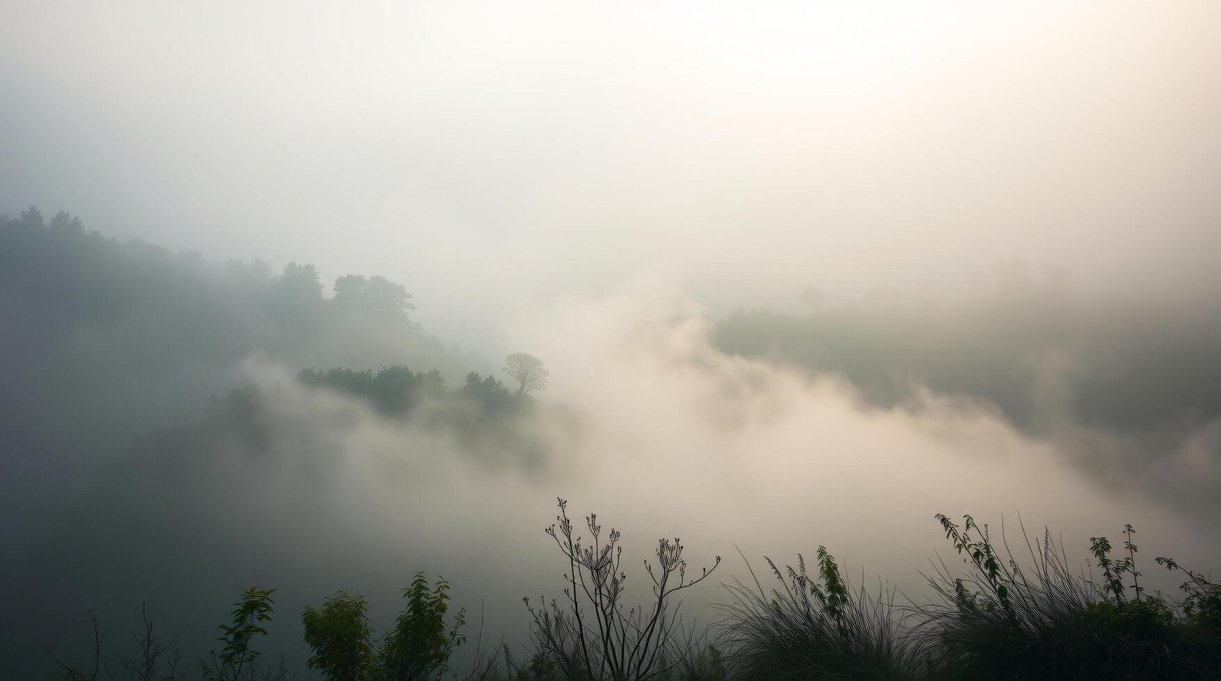 A view of a foggy forest with trees and grass photo