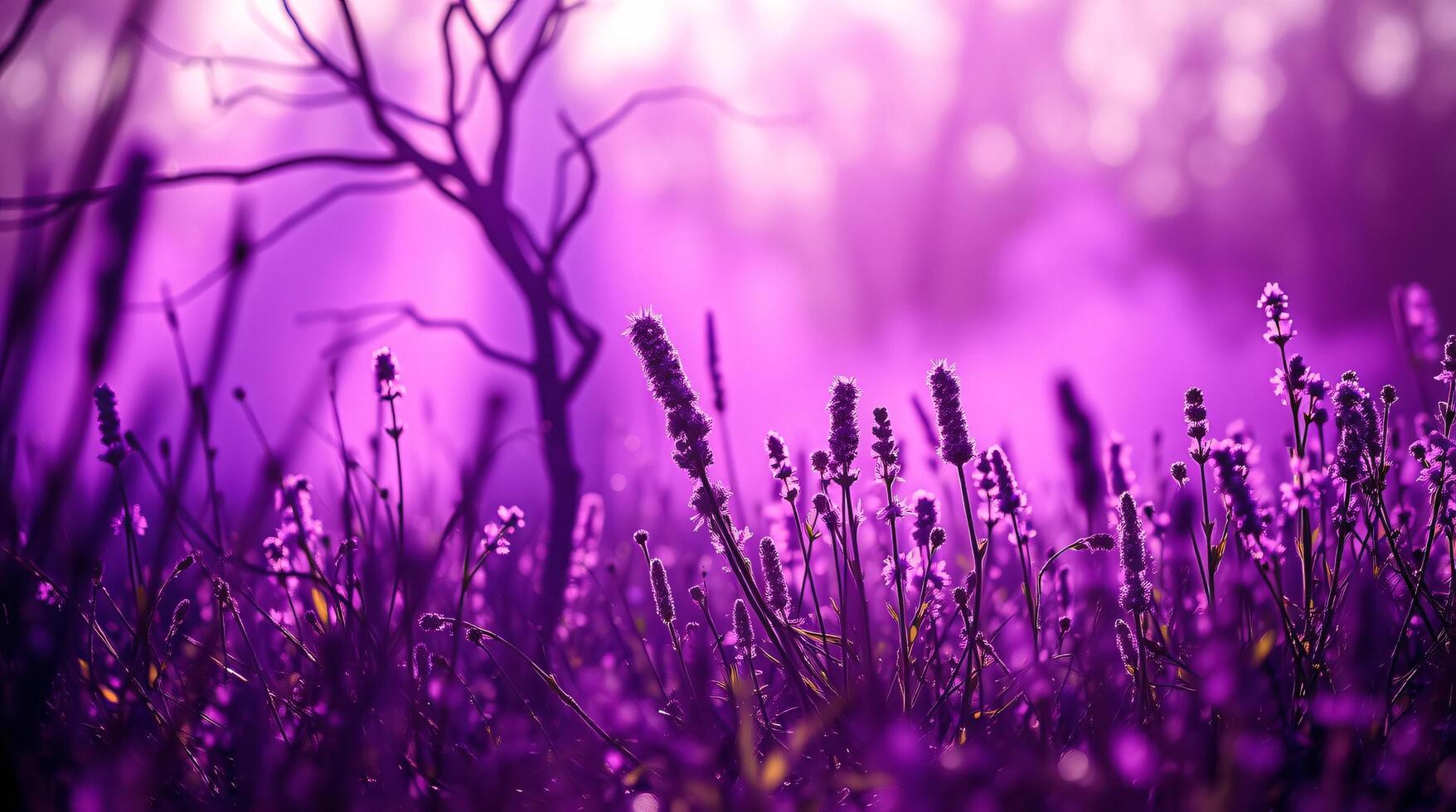 Purple flowers in a field with trees and grass photo