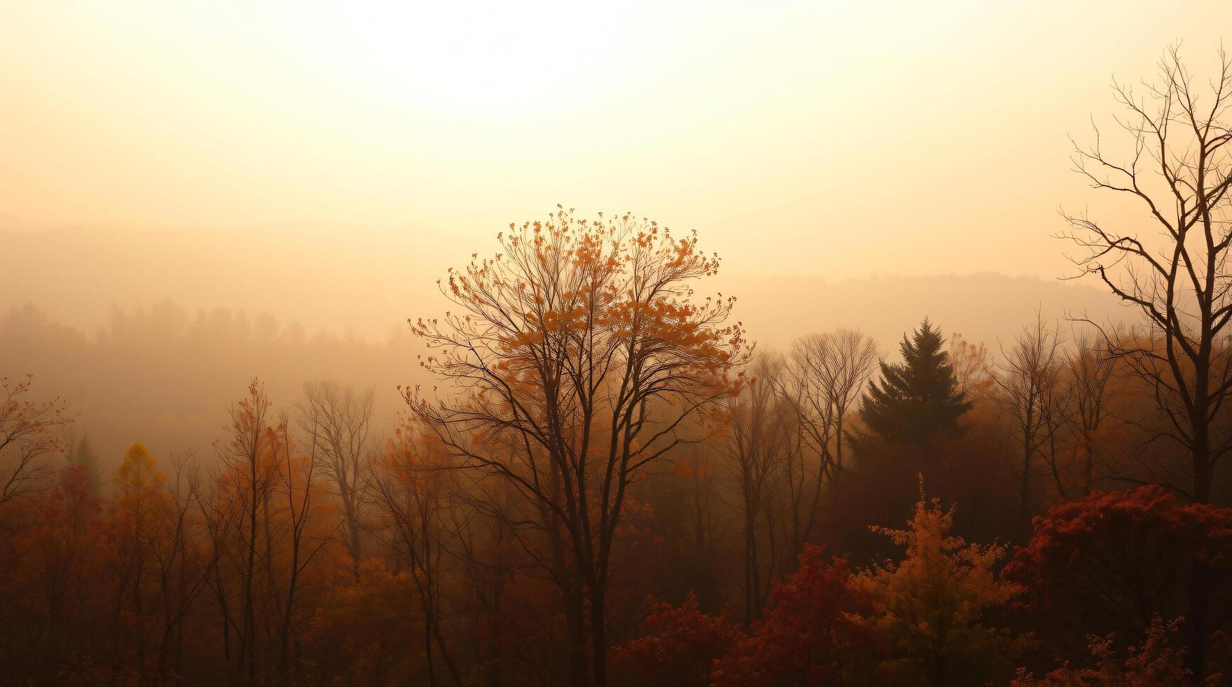 A view of trees in the fall with the sun shining through photo