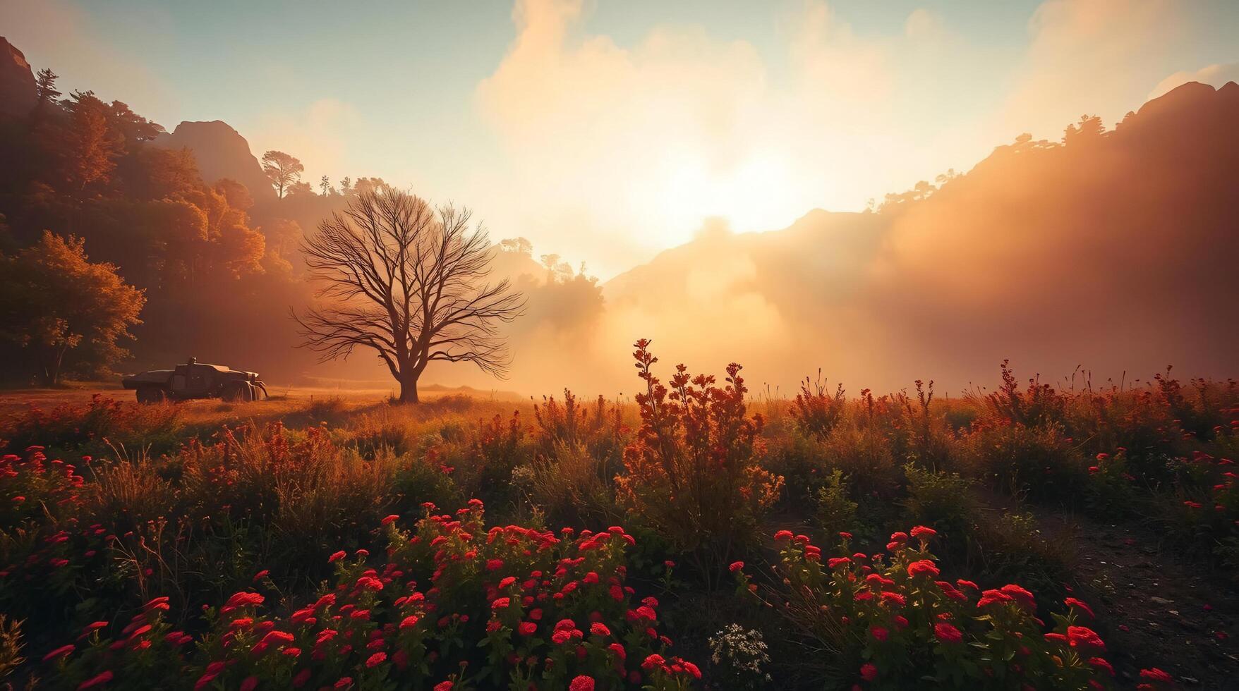 A tree stands in a field with flowers and fog photo