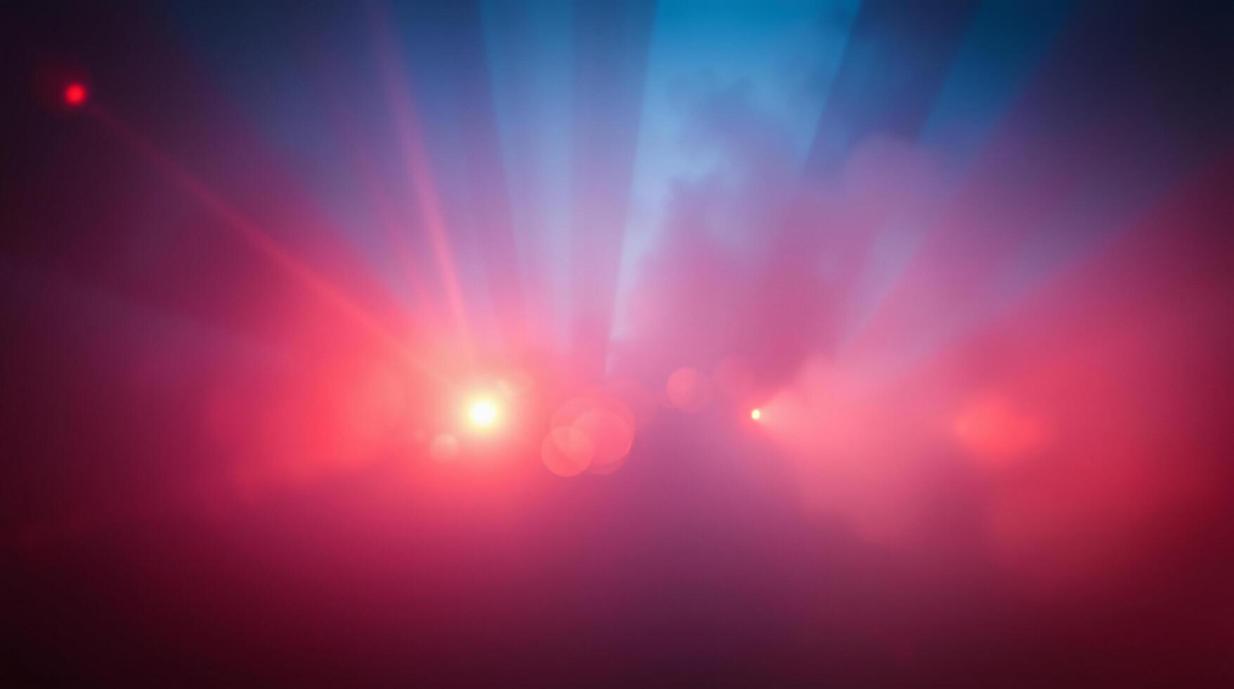 A red and blue light beam is shining through the dark photo