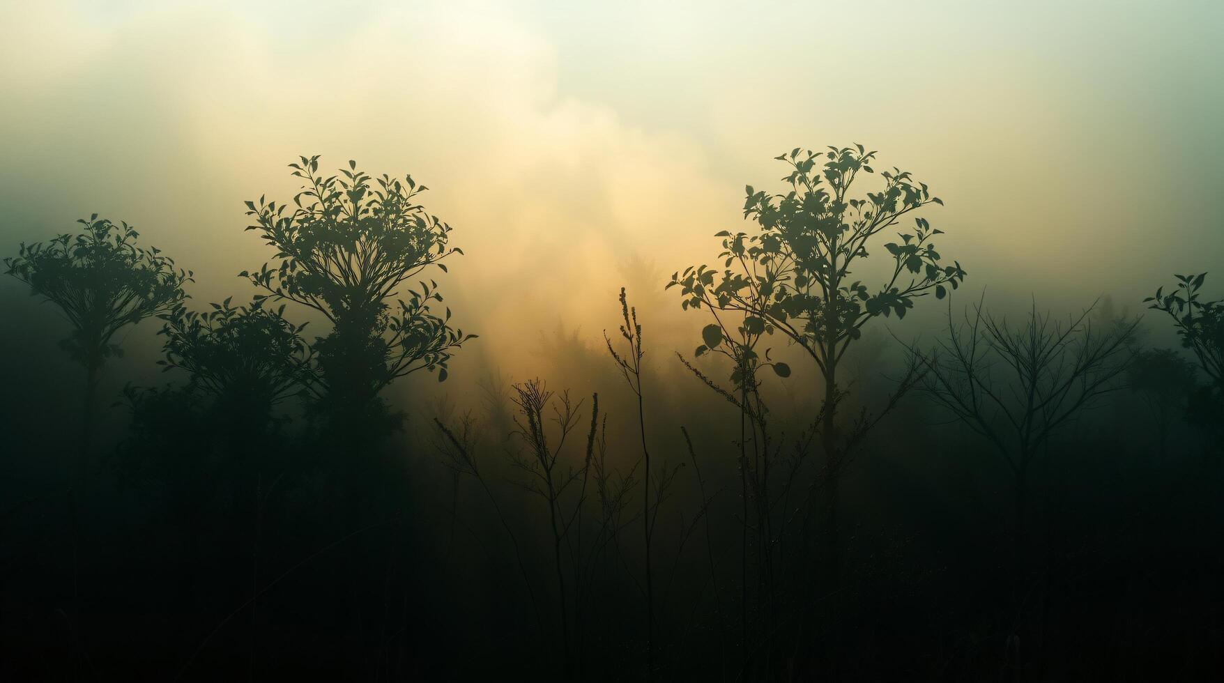 A foggy forest with trees and sun shining through photo