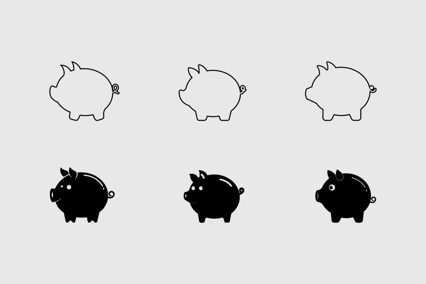Piggy bank silhouette set outline and filled vector