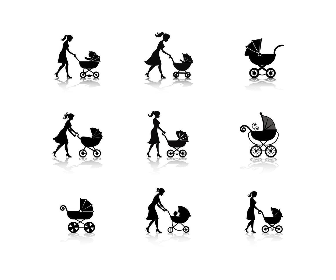 Mom walking with baby carriage silhouette set vector